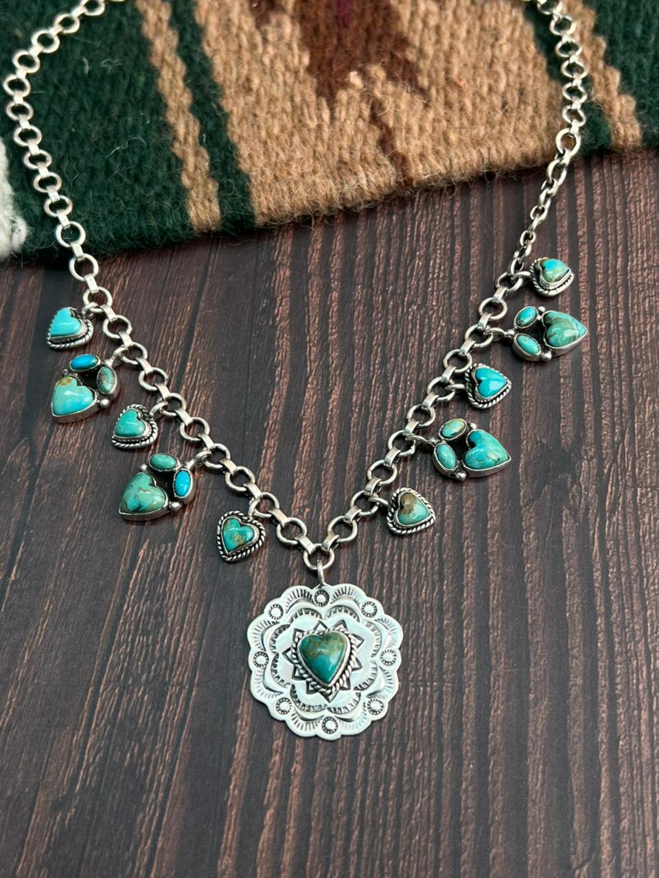 "Heart Collection" Handmade Sterling Silver Kingman Turquoise Necklace "Signed Nizhoni"