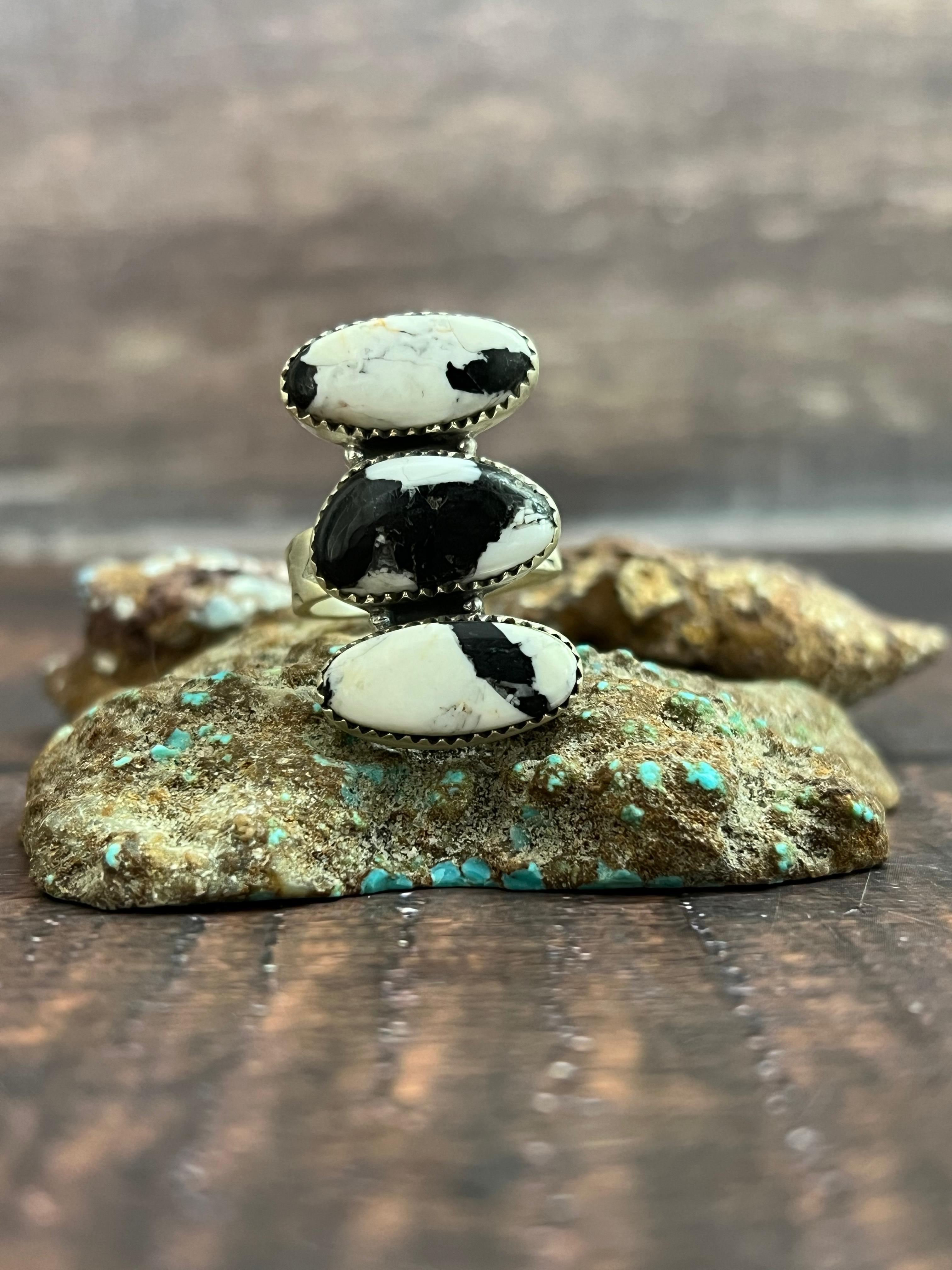 Handmade Sterling Silver White Buffalo Adjustable Ring, Signed Nizhoni