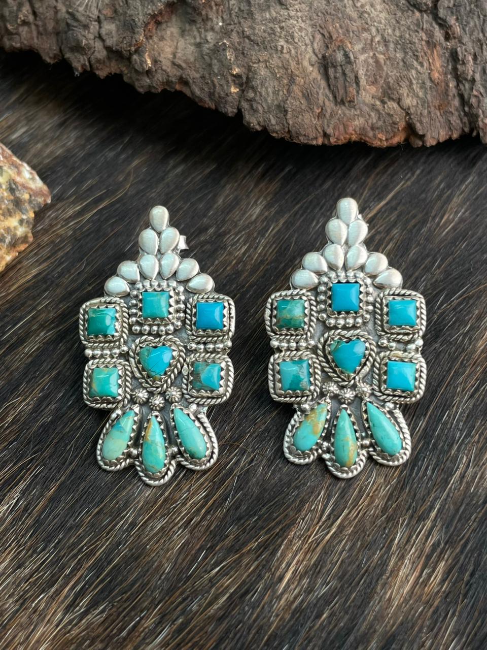 Handmade Sterling Silver Kingman Turquoise Post Earrings "Signed Nizhoni"