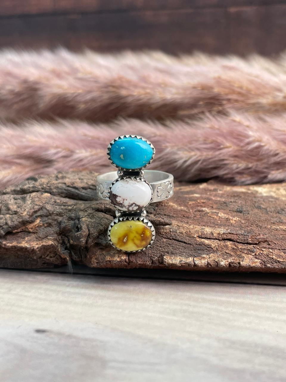 Handmade Sterling Silver Palomino with Wildhorse Magnesite and Sierra Bella Turquoise Adjustable Ring Signed Nizhoni