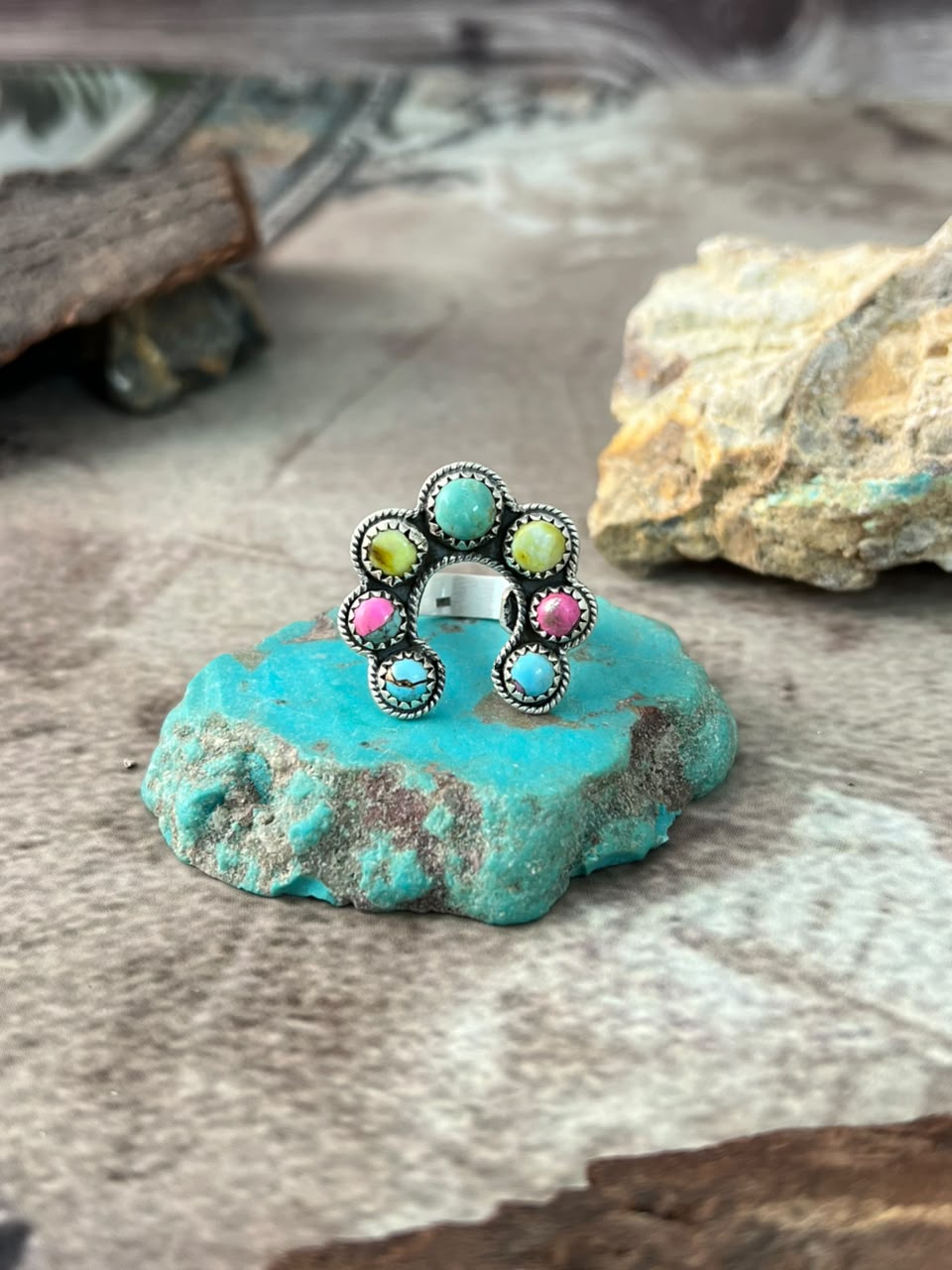 Handmade Sterling Silver Carico Lake with Cotton Candy and Palomino Turquoise Naja Adjustable Ring Signed Nizhoni