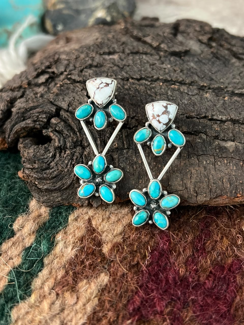 Handmade Sterling Silver Kingman Turquoise with Wildhorse Magnesite Post Earrings Signed Nizhoni
