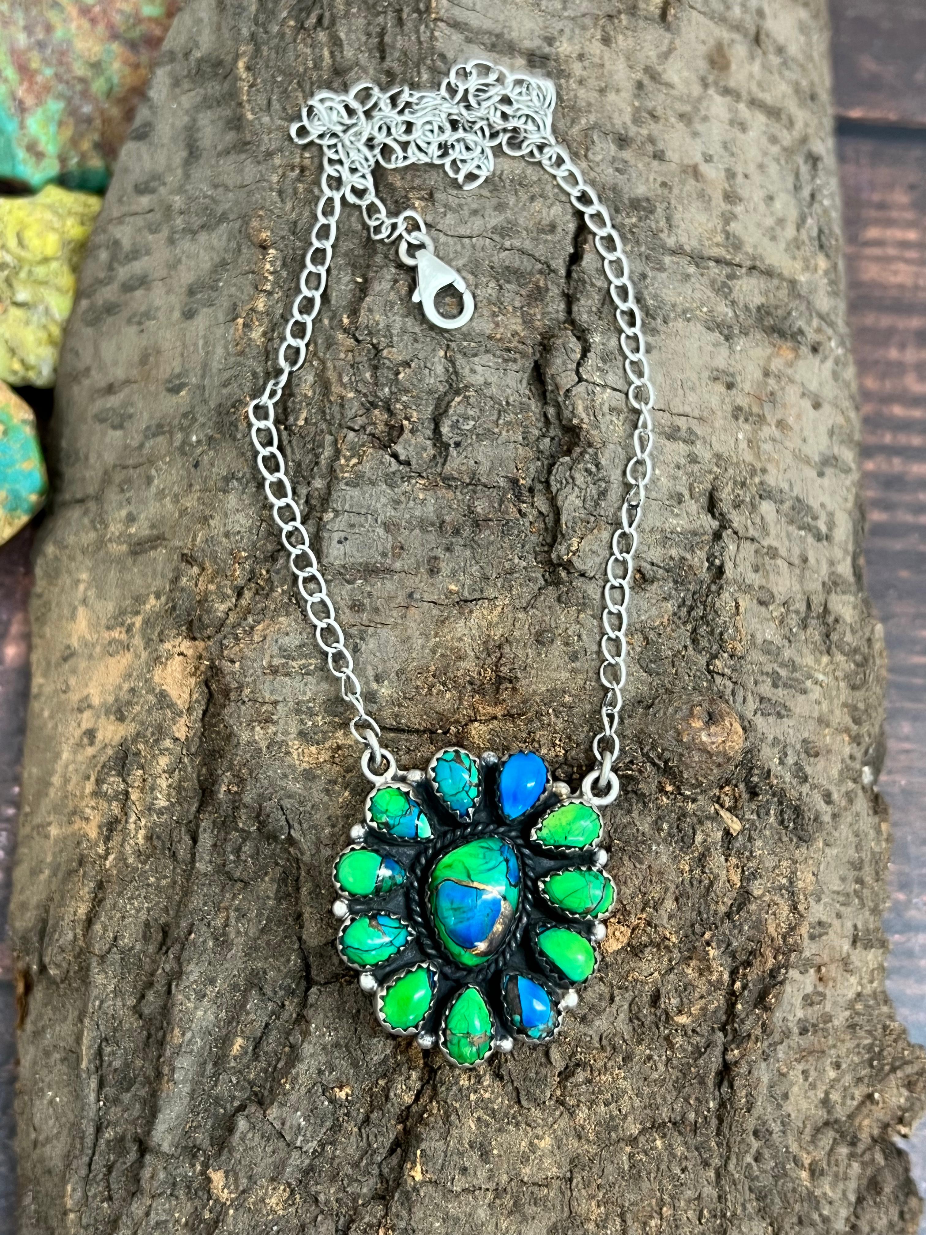 Handmade Sterling Silver Peacock Dahlia Necklace with Signed Nizhoni