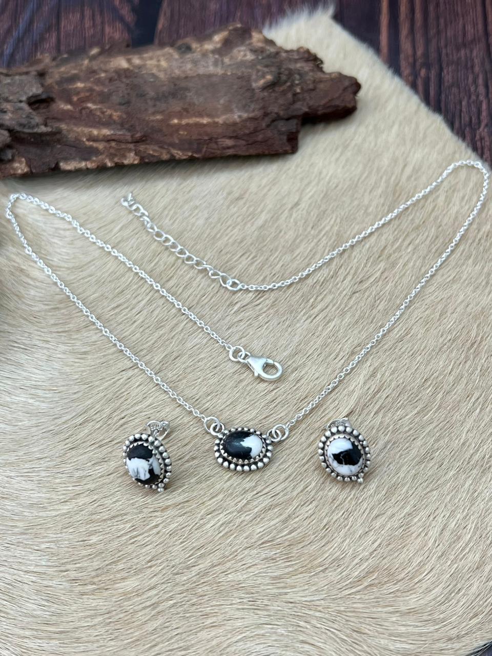 Handmade Sterling Silver White Buffalo Necklace Earrings Set "Signed Nizhoni"