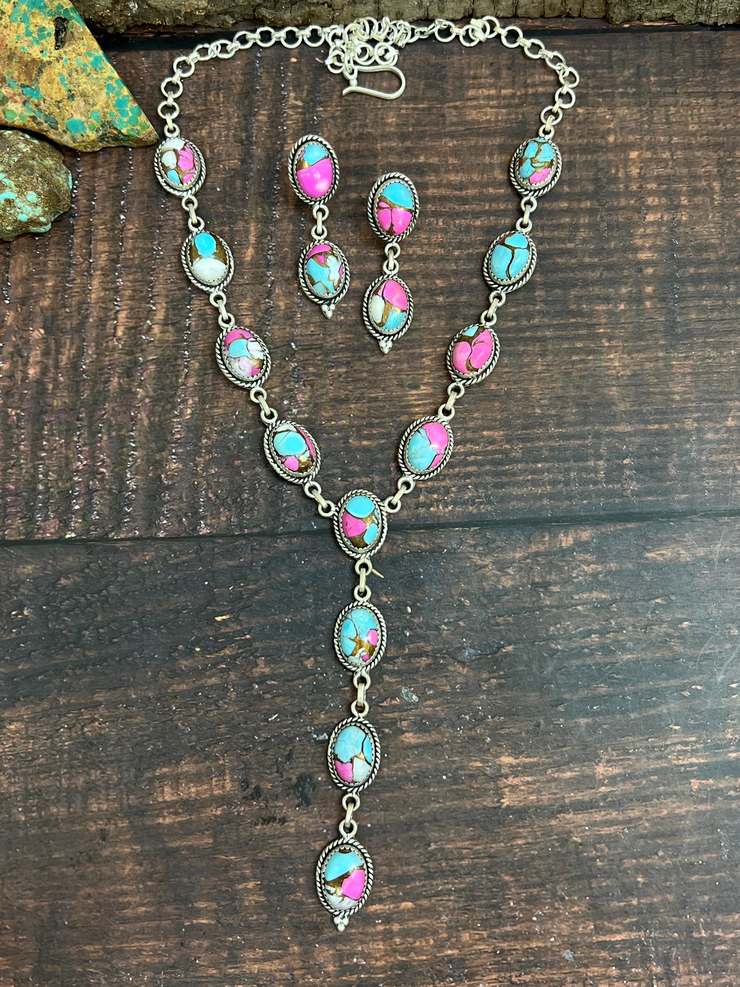 Handmade Sterling Silver Cotton Candy Turquoise Necklace Earrings Set with Signed Nizhoni
