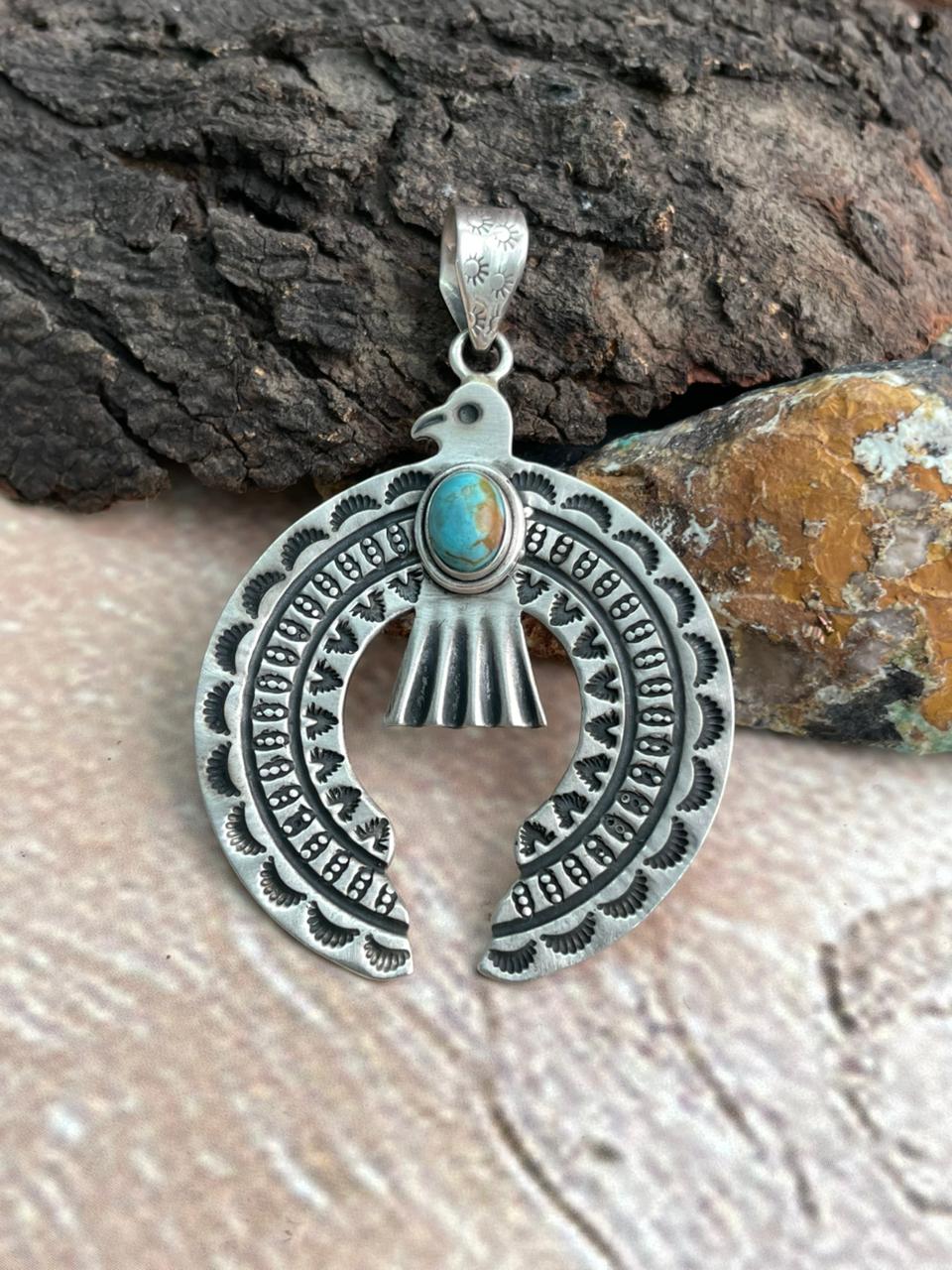 Added Handmade Sterling Silver Kingman Turquoise Naja Pendant "Signed Nizhoni" (3)
