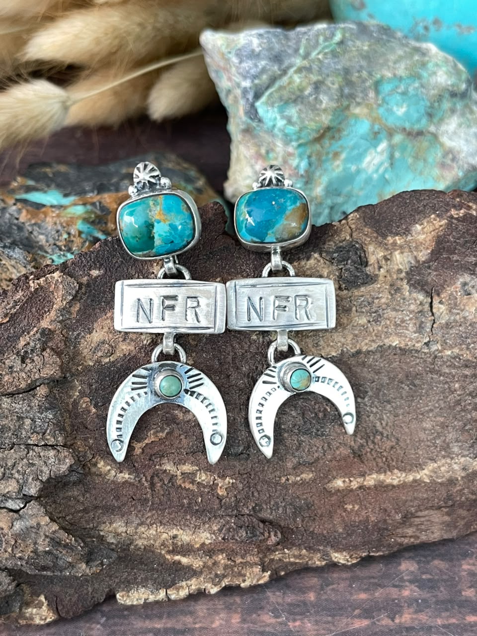 Handmade Sterling Silver Kingman Turquoise NFR Collection: Post Dangle Earrings Signed Nizhoni