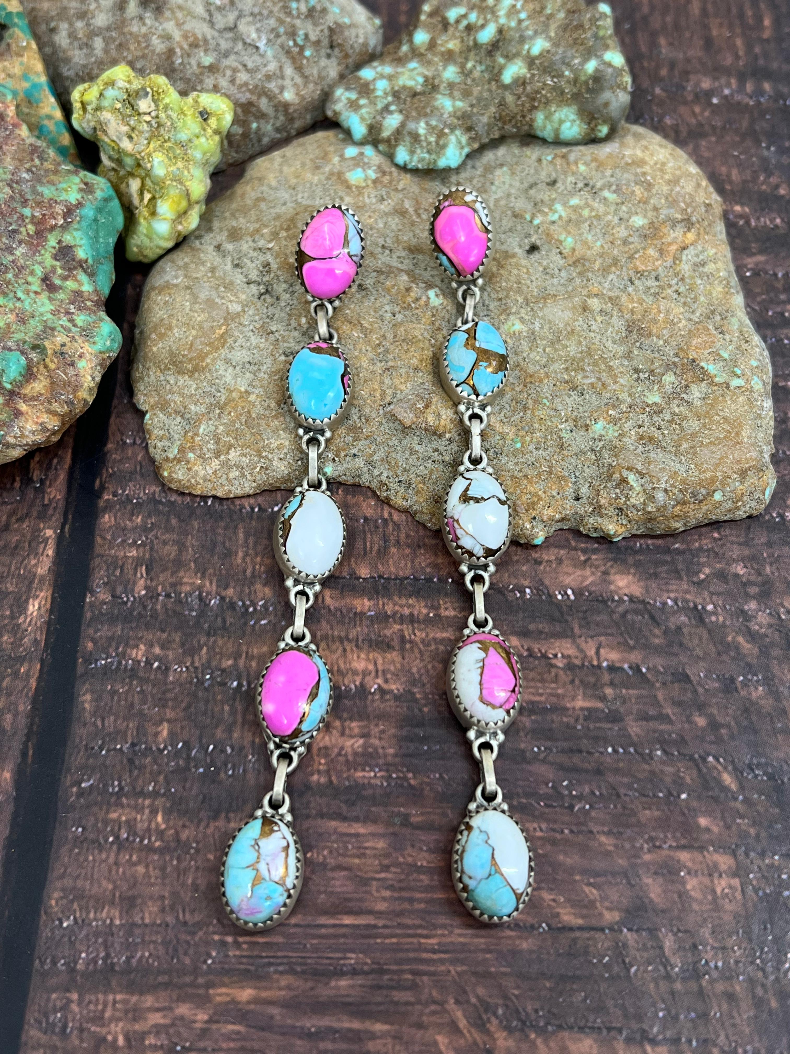 Handmade Sterling Silver Cotton Candy Turquoise Dangle Earrings with Signed Nizhoni