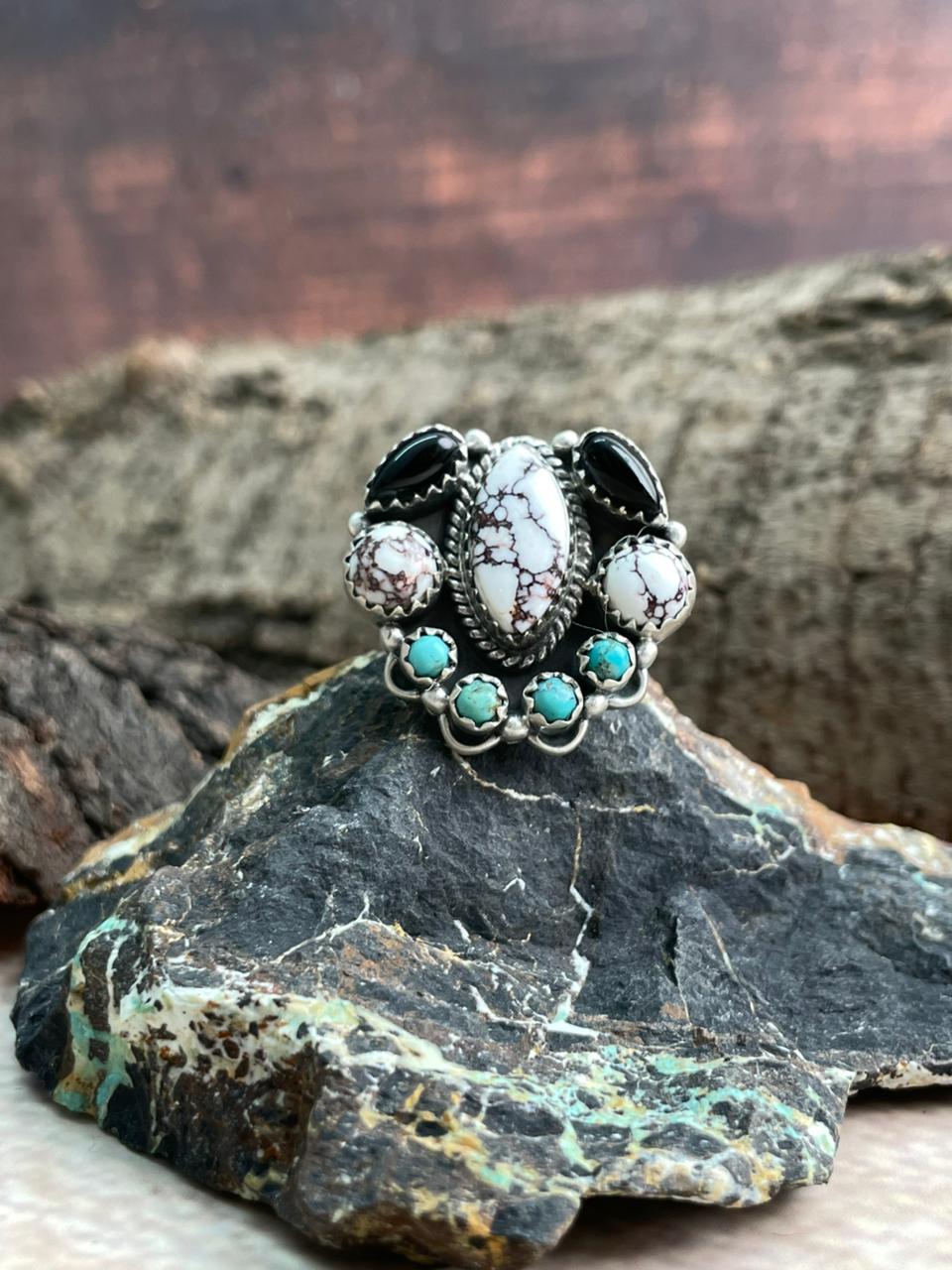Handmade Sterling Silver Kingman with Wildhorse, Black Onyx Adjustable Ring "Signed Nizhoni"