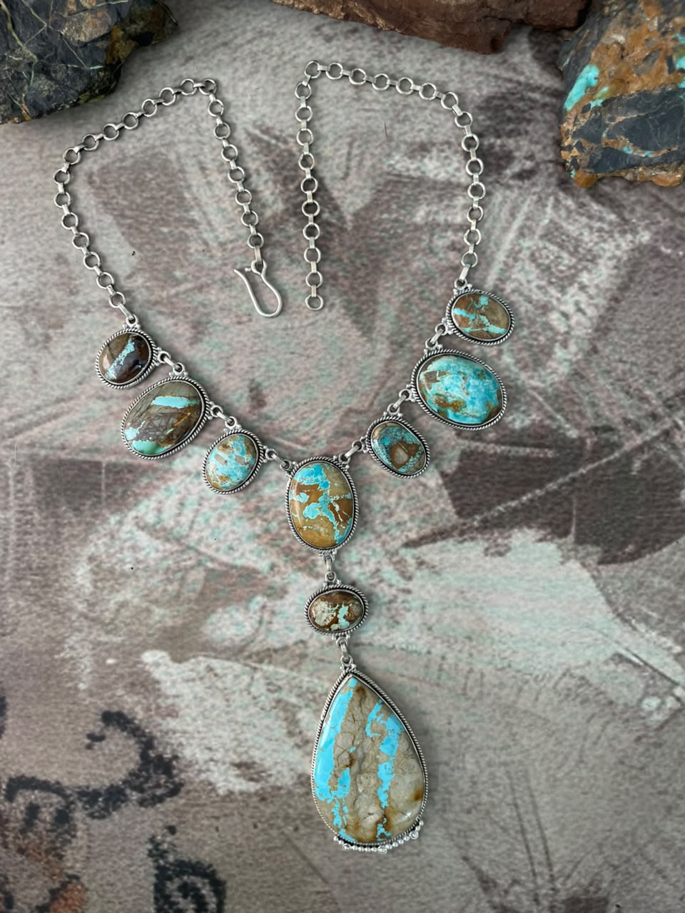 Handmade Sterling Silver Ribbon Royston Turquoise Drop Necklace Signed Nizhoni