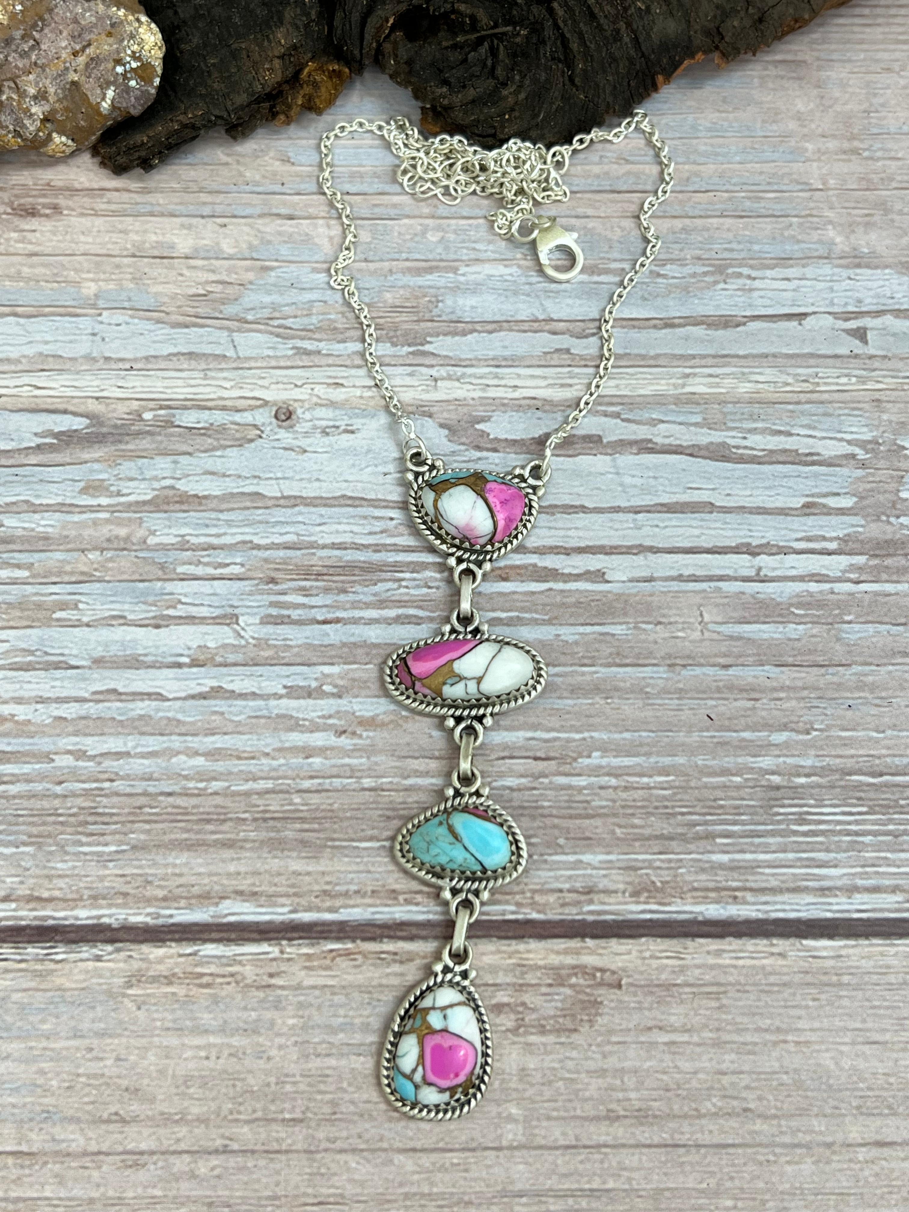 Handmade Sterling Silver Cotton Candy Turquoise Necklace with Signed Nizhoni