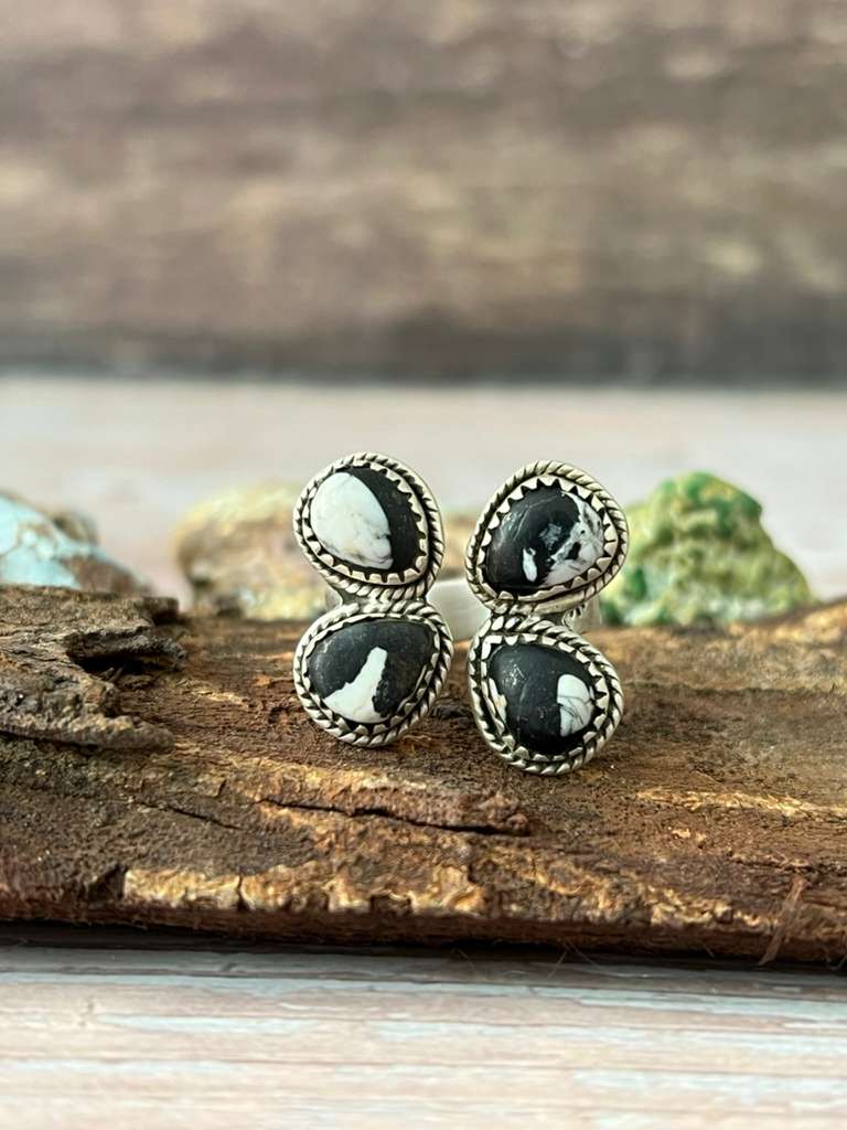 Handmade Sterling Silver White Buffalo Adjustable Ring with Signed Nizhoni