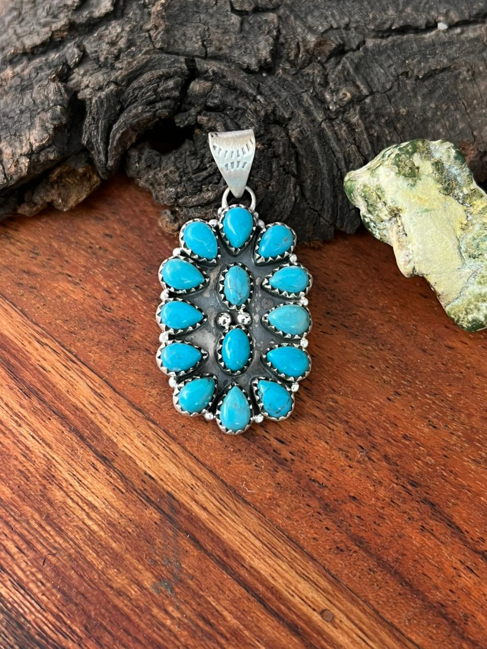Handmade Sterling Silver Blue Kingman Turquoise Pendant "Signed Nizhoni"