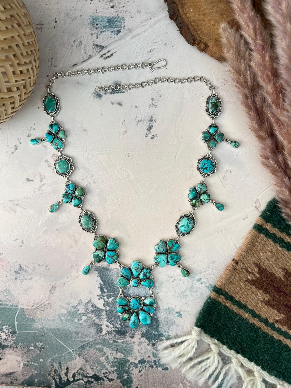 Handmade Sterling Silver Spider Web Turquoise Necklace Signed Nizhoni (2)