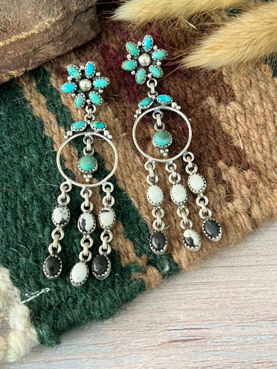 Handmade Sterling Silver Kingman Turquoise with White Buffalo Post Dangle Earrings "Signed Nizhoni"