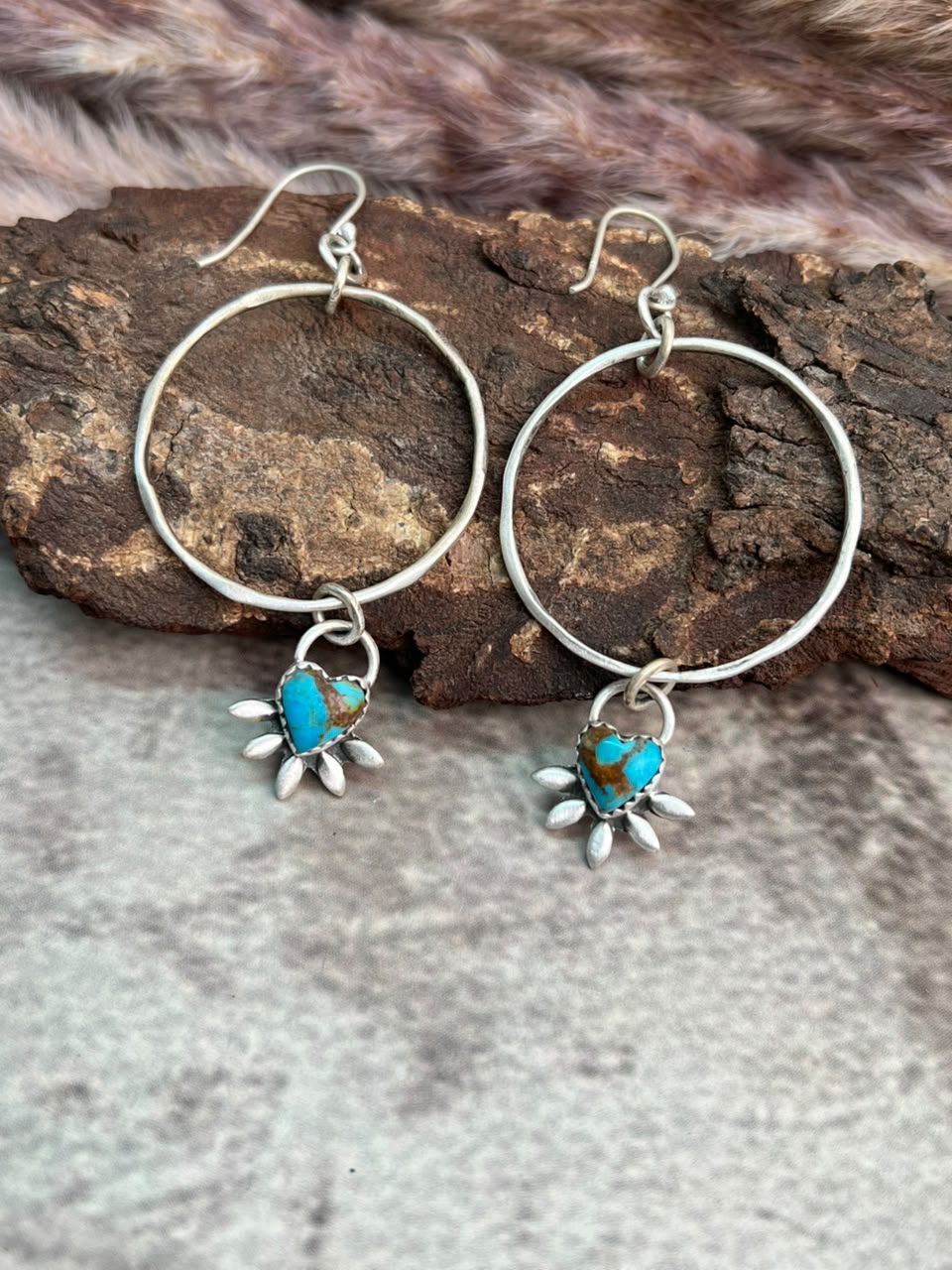 Handmade Sterling Silver Kingman Turquoise Hoops Earrings Signed Nizhoni