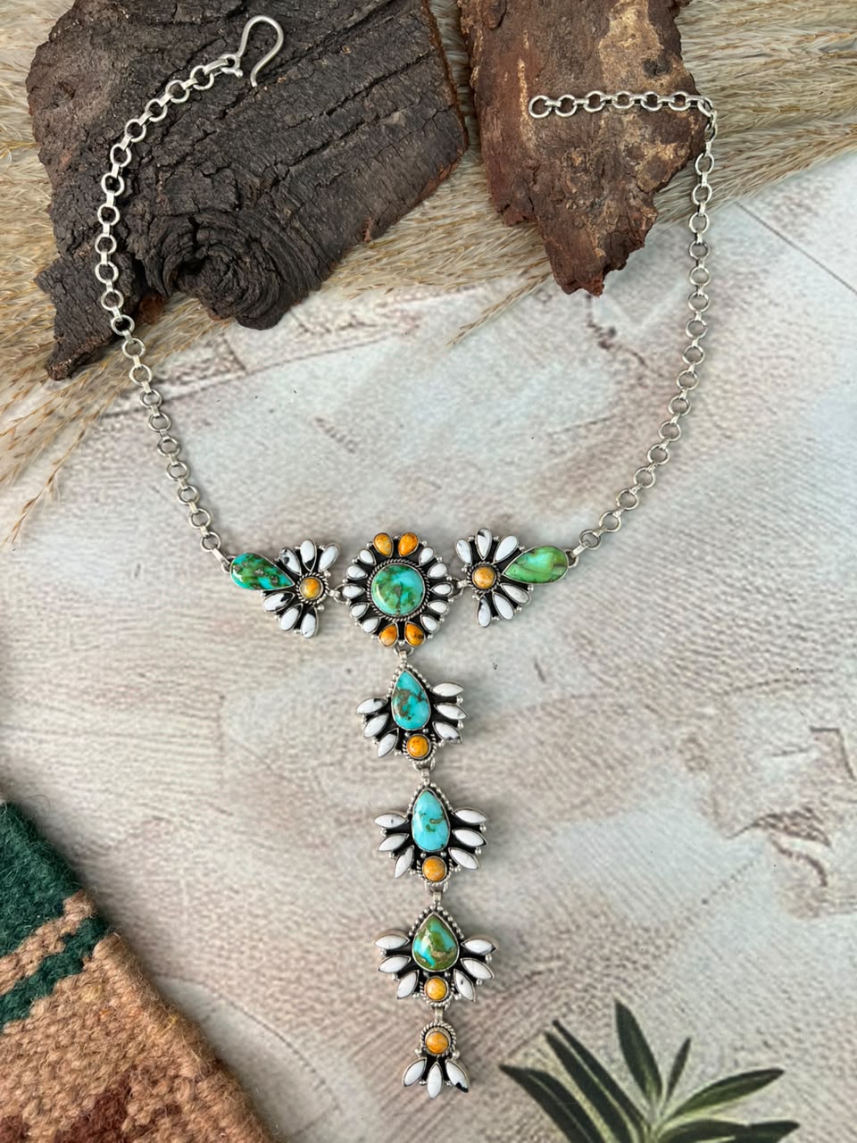 Handmade Sterling Silver Sonoran Mountain Turquoise with Bumblebee and White Buffalo Spring Collection: Drop Necklace Signed Nizhoni