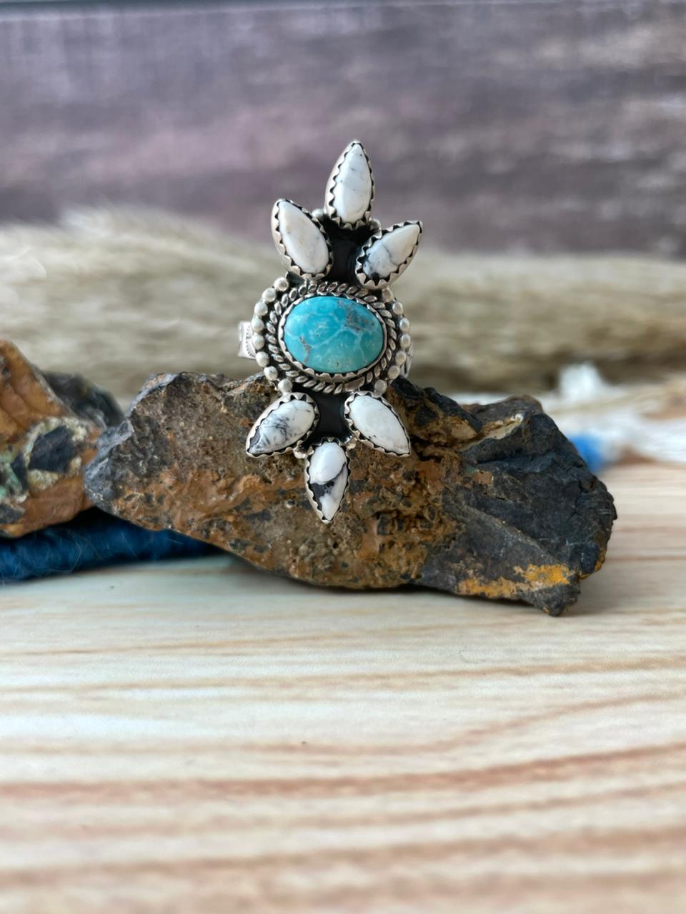 Handmade Sterling Silver White Water with White Buffalo Adjustable Ring "Signed Nizhoni"