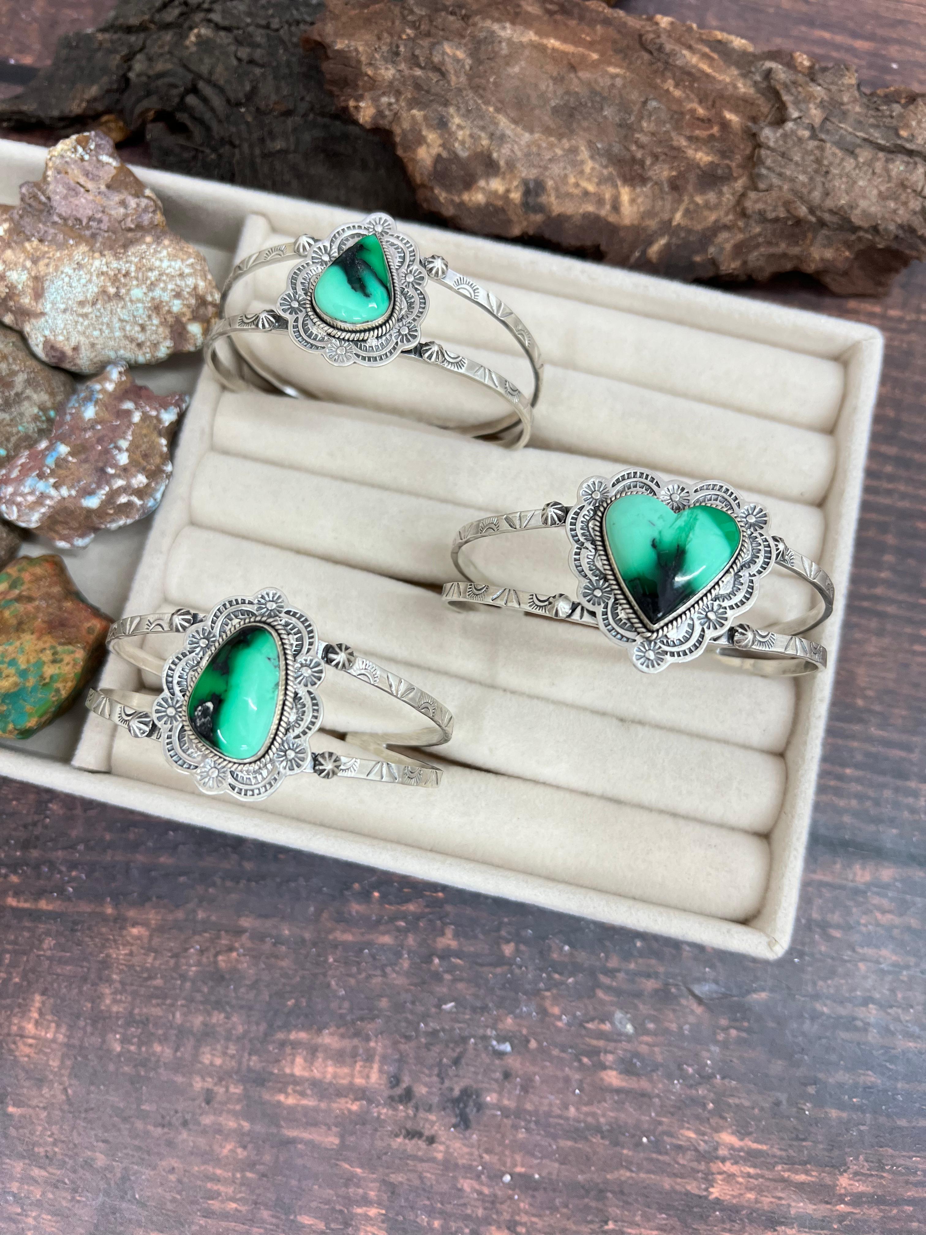 Handmade Sterling Silver Emerald Rose Cuff Bracelet with Signed Nizhoni