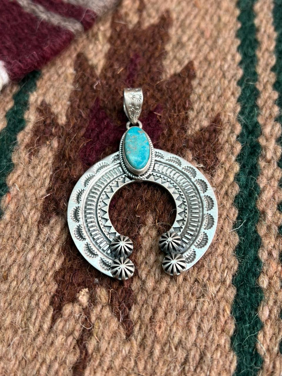 Handmade Sterling Silver Kingman Turquoise Naja Pendant "Signed Nizhoni"