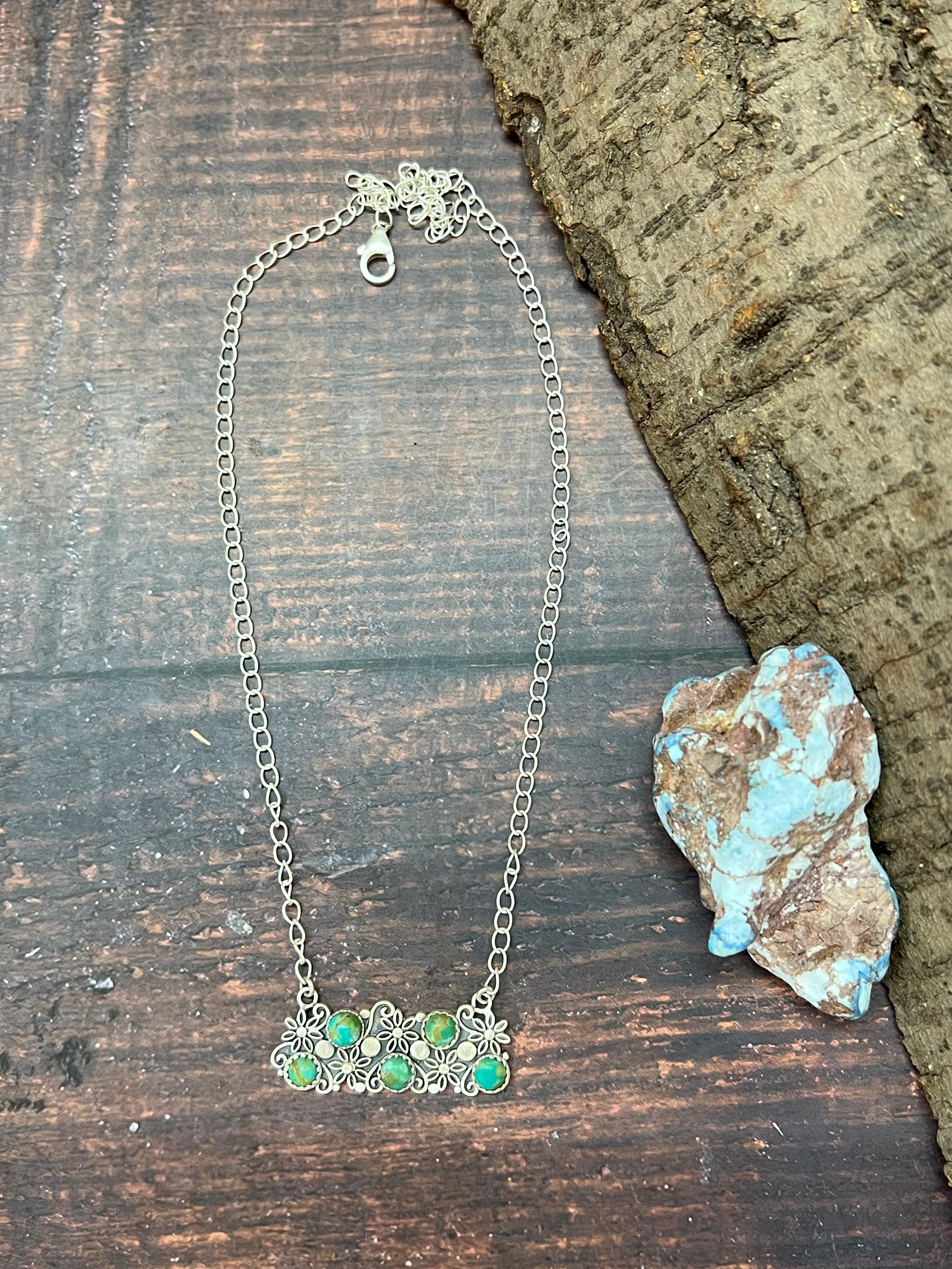 Handmade Sterling Silver Kingman Turquoise Necklace with Signed Nizhoni