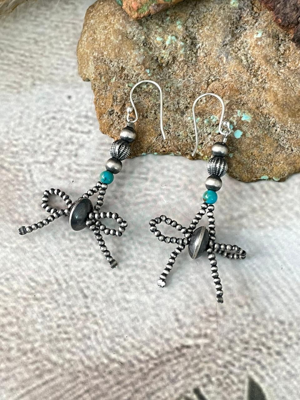 Handmade Sterling Silver Kingman Turquoise Hook Beaded Earrings