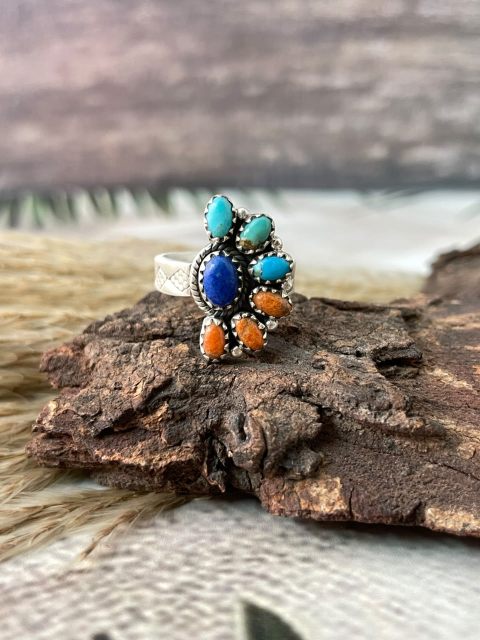 Handmade Sterling Silver Orange Mojave with Kingman Turquoise and Lapis Adjustable Ring Signed Nizhoni
