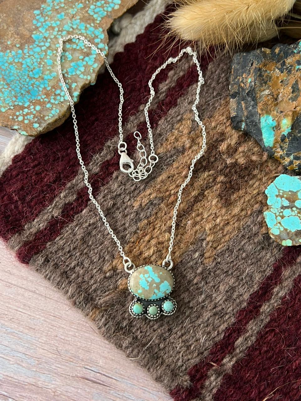 Handmade Sterling Silver Royston Ribbon with Number 8 Turquoise Necklace "Signed Nizhoni"