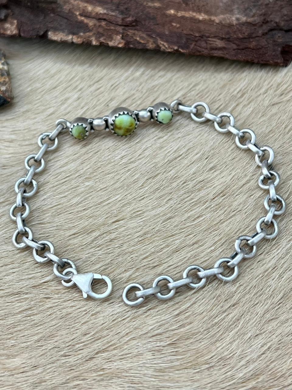 Handmade Sterling Silver Palomino Turquoise Chain Bracelet "Signed Nizhoni"