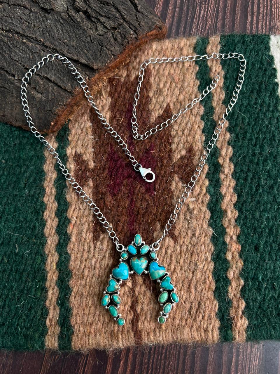"Heart Collection" Handmade Sterling Silver Kingman Turquoise Necklace "Signed Nizhoni"