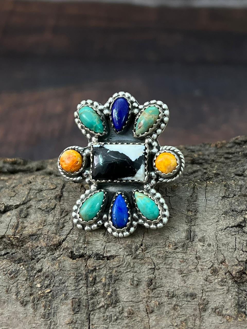 Handmade Sterling Silver Lapis, Kingman, Honey Dahlia, White Buffalo Adjustable Ring "Signed Nizhoni"