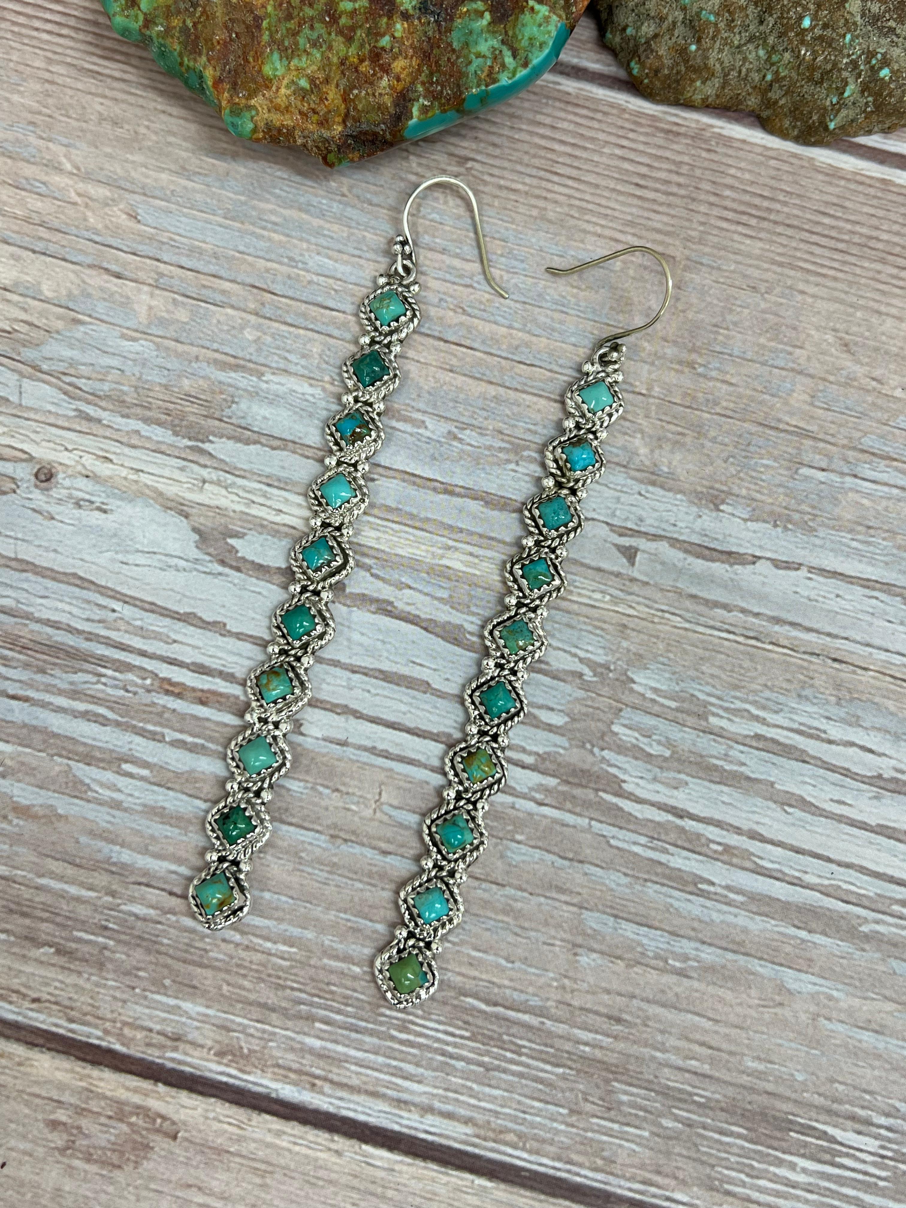 Handmade Sterling Silver Kingman Turquoise Post Dangle Earrings with Signed Nizhoni