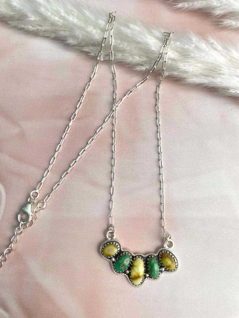 Handmade Sterling Silver Emerald Valley with Palomino Turquoise Necklace "Signed Nizhoni"