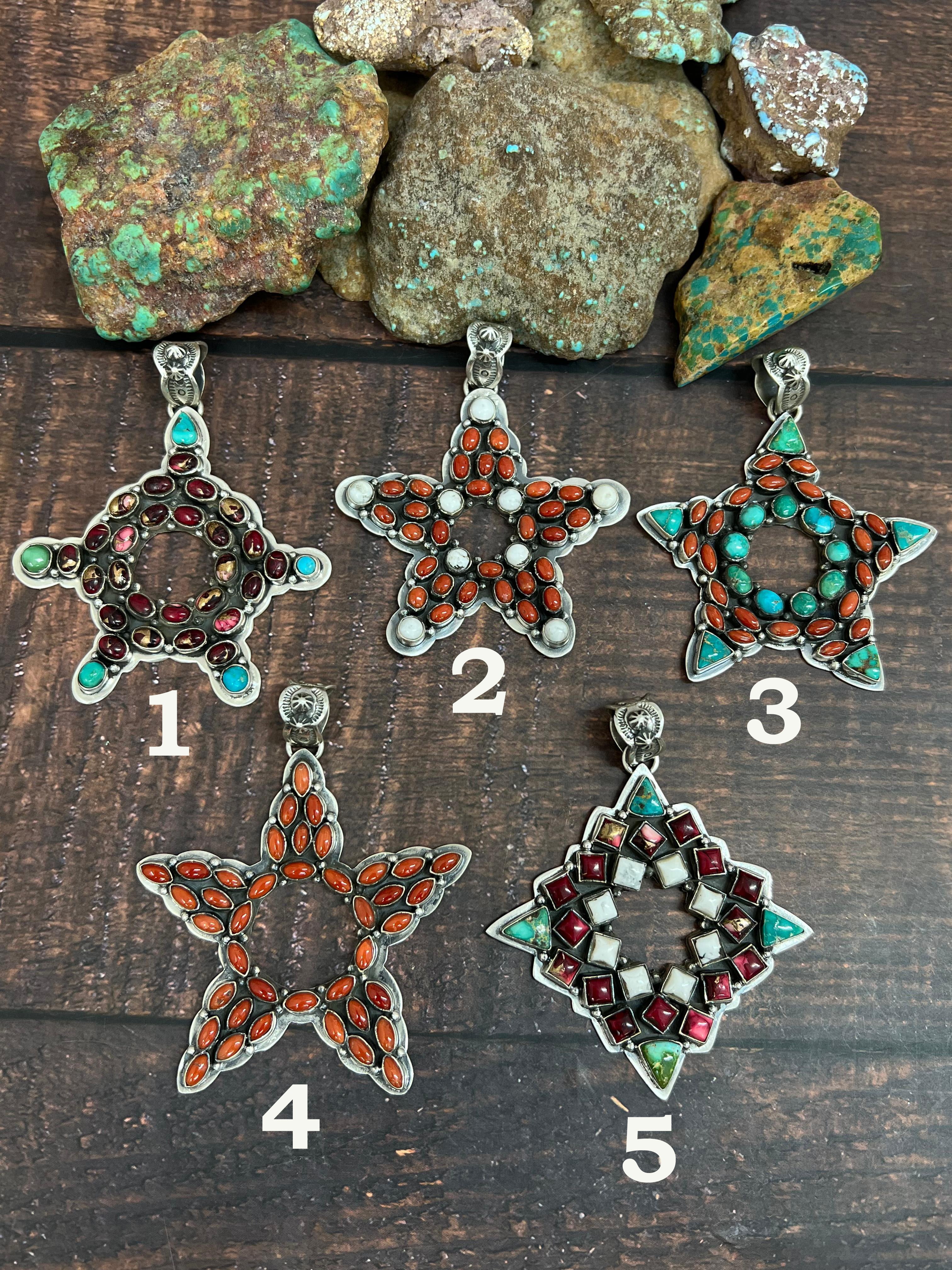 Handmade Sterling Silver Multi Stones Star Pendant, Signed Nizhoni