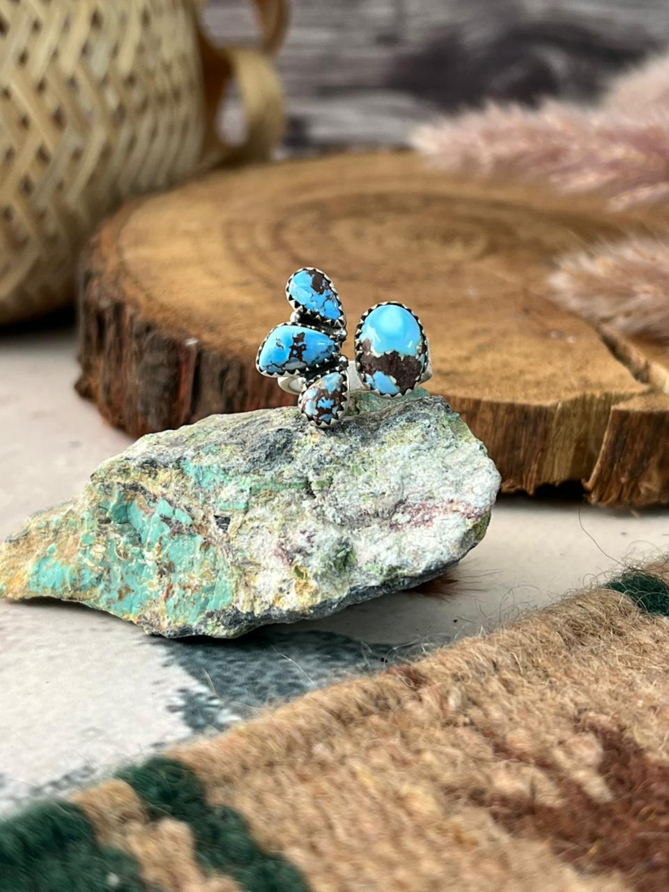Handmade Sterling Silver Golden Hills Turquoise Adjustable Ring Signed Nizhoni