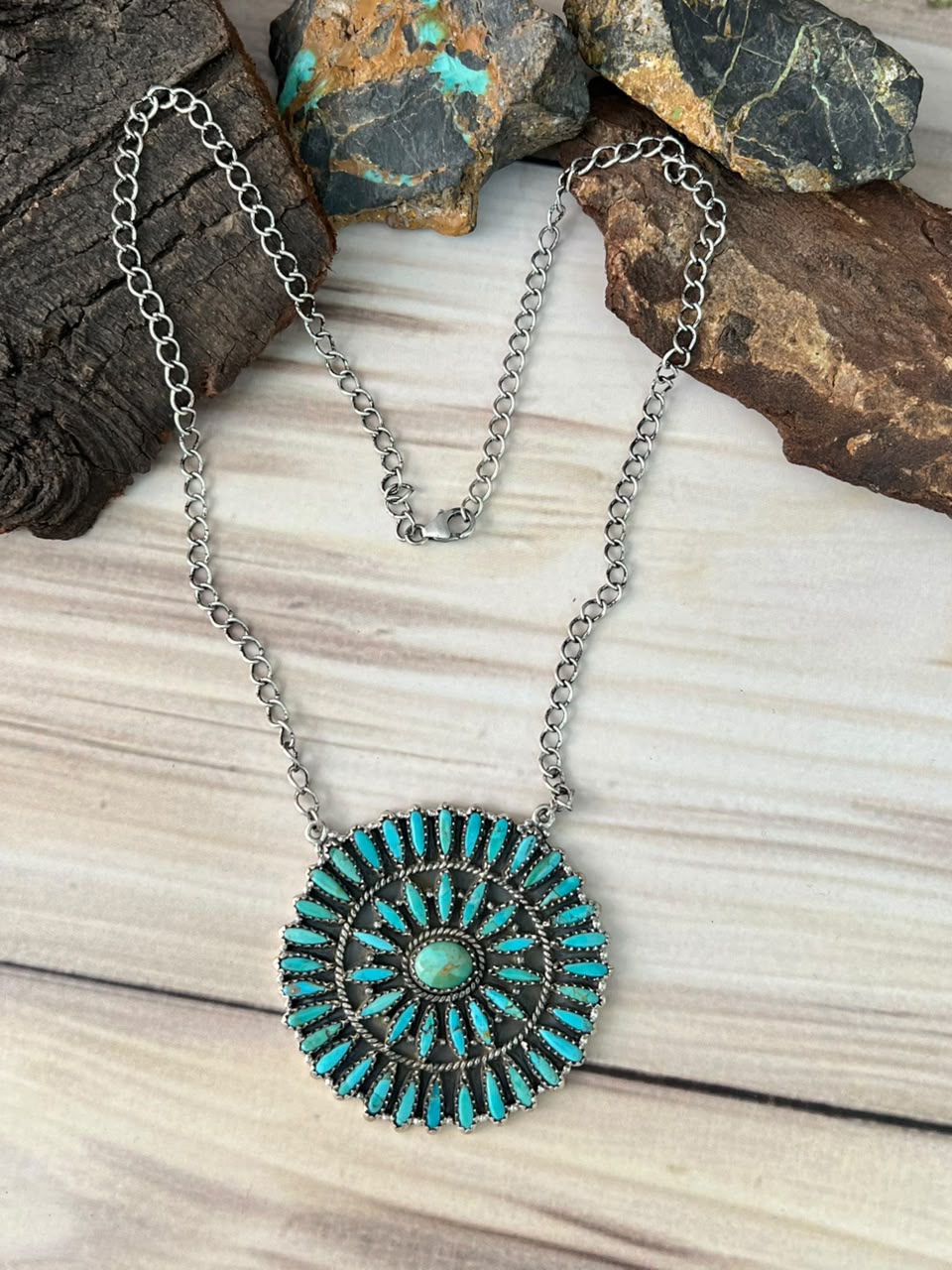 Handmade Sterling Silver Kingman Turquoise Necklace Signed Nizhoni