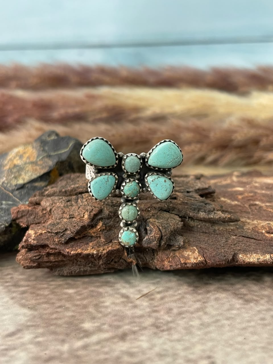 Handmade Sterling Silver Number 8 Turquoise Collection: Butterfly Adjustable Ring Signed Nizhoni