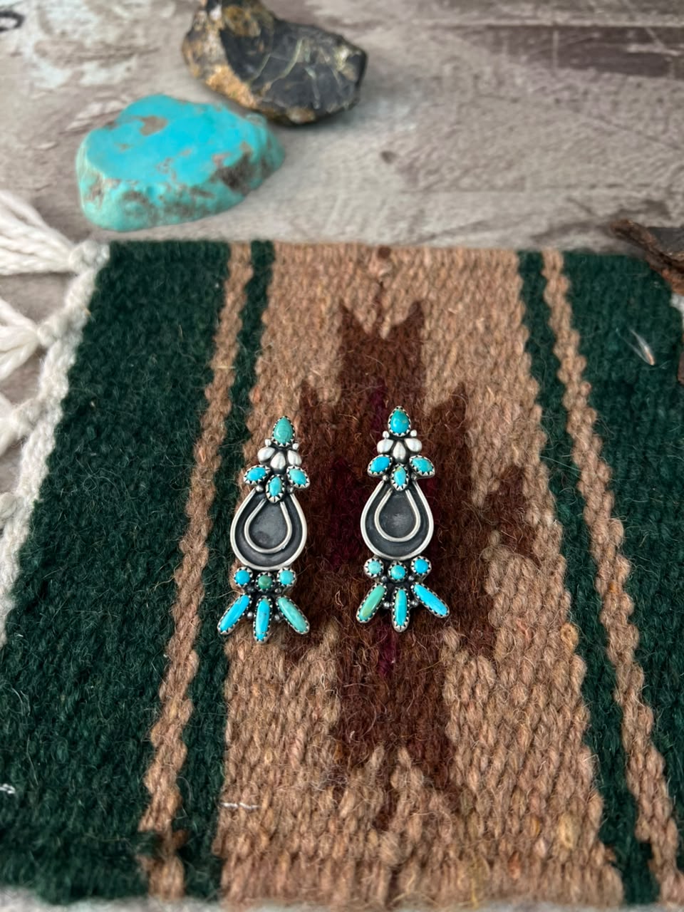 Handmade Sterling Silver Kingman Turquoise Post Studs Earrings Signed Nizhoni