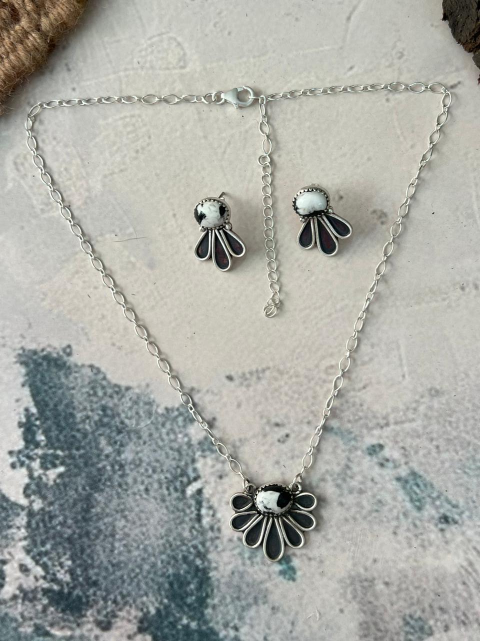 Handmade Sterling Silver White Buffalo Necklace and Earrings Set Signed Nizhoni (8)