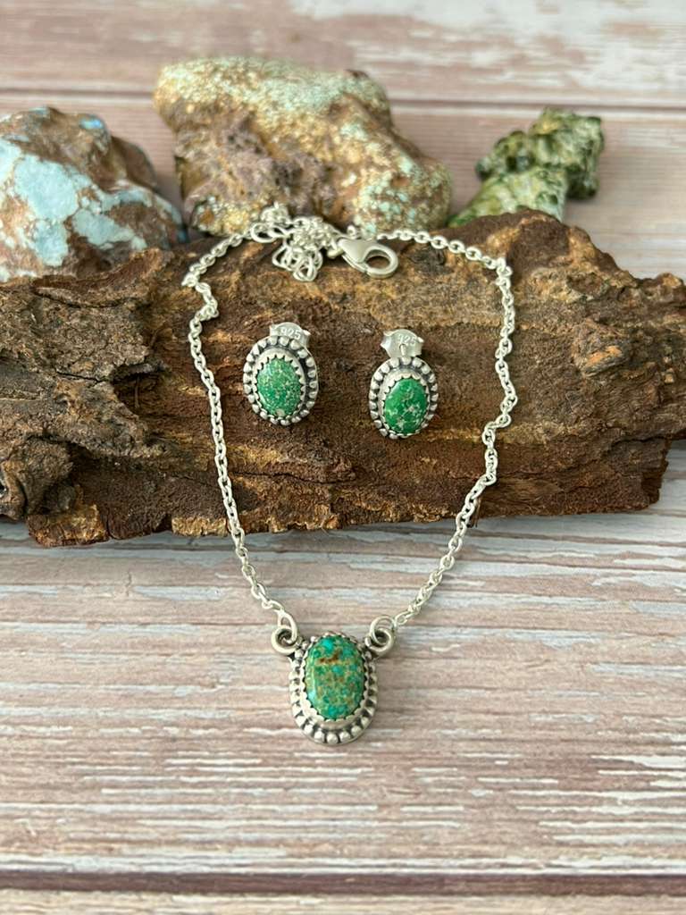 Handmade Sterling Silver Emerald Valley Turquoise Necklace Earrings Set with Signed Nizhoni (2)