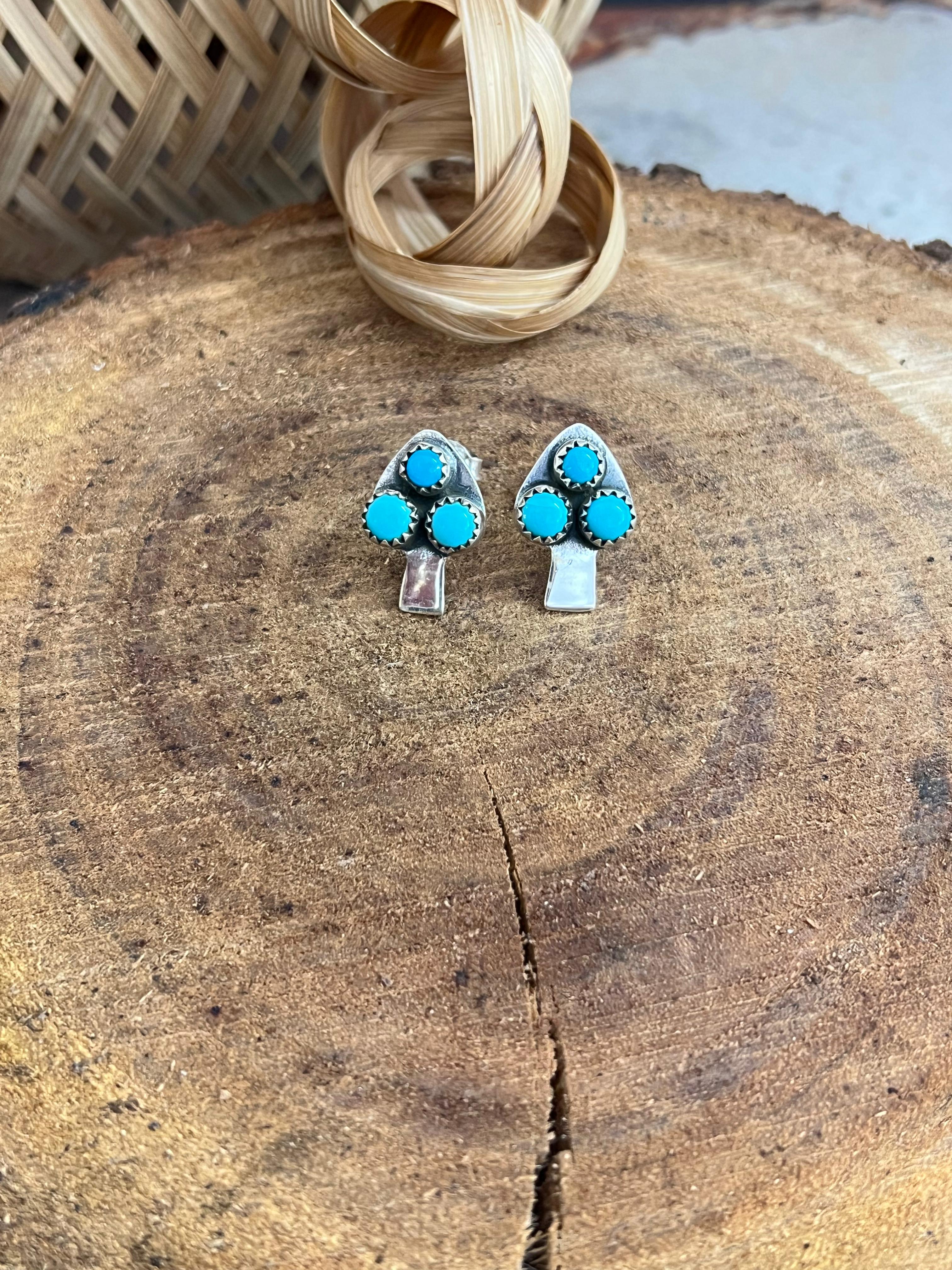 Handmade Sterling Silver Kingman Turquoise Post Studs with Signed Nizhoni