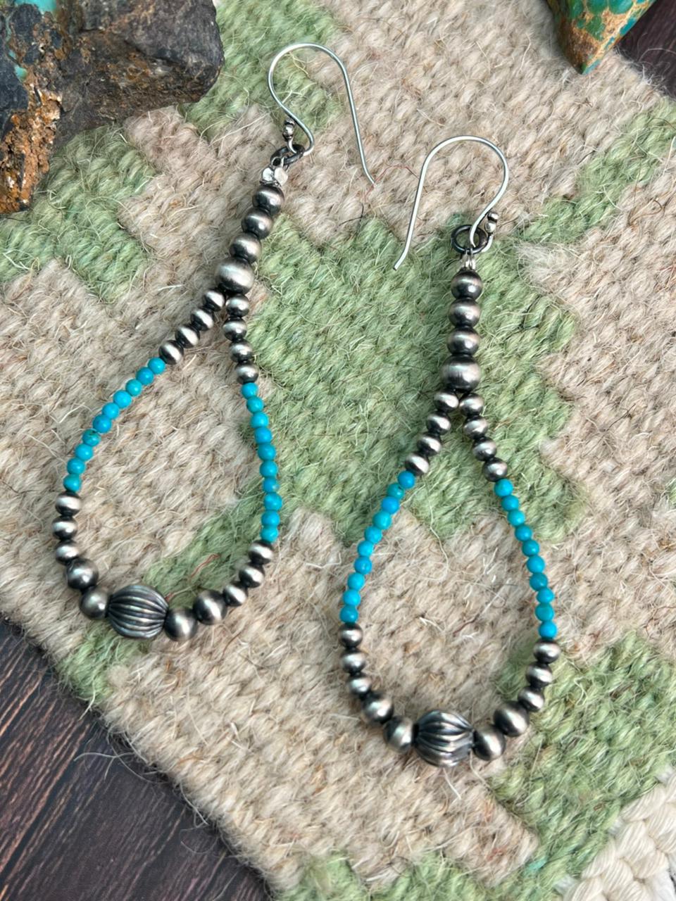 Handmade Sterling Silver Kingman Turquoise Hook Beaded Earrings