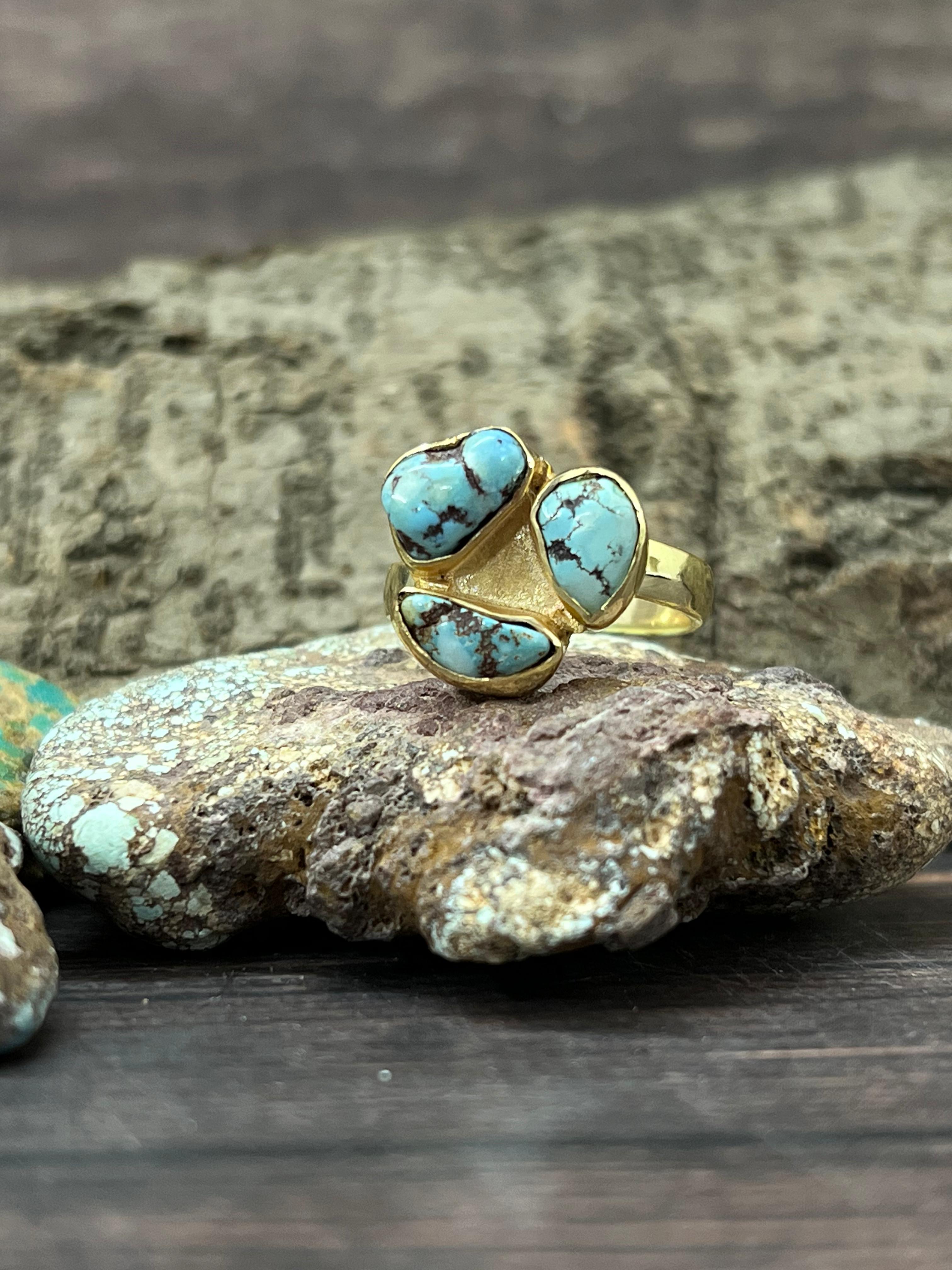 “The Golden Collection” Natural Golden Hills Turquoise 3 Stone Adjustable Ring