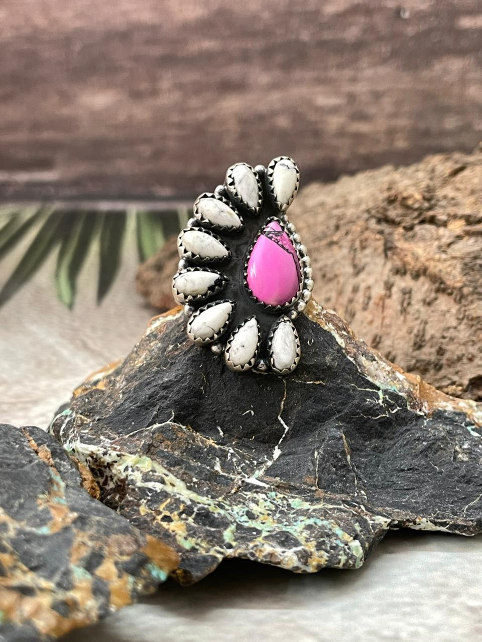Handmade Sterling Silver White Buffalo with Cherry Blossom Adjustable Ring "Signed Nizhoni"