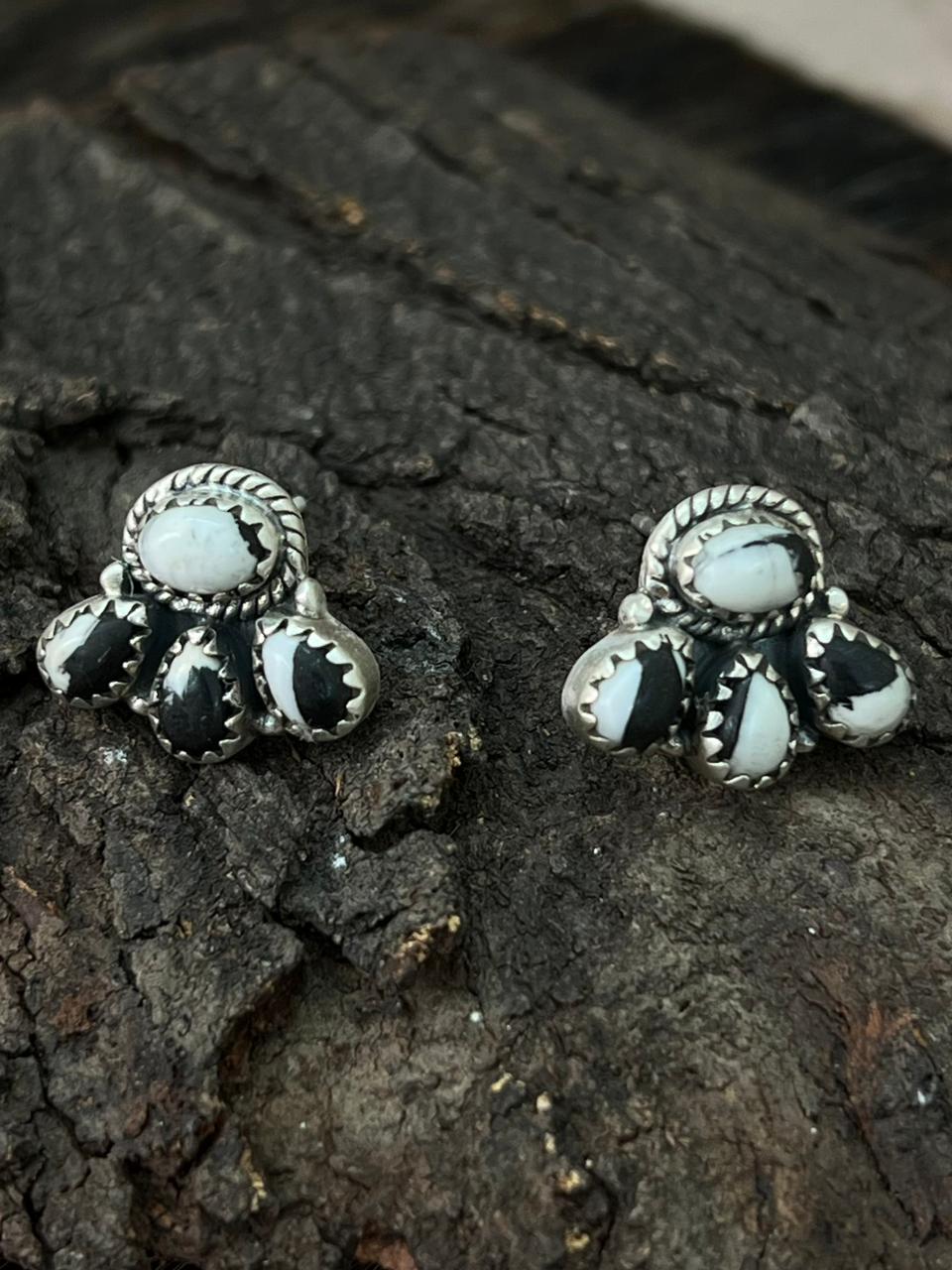 Handmade Sterling Silver White Buffalo Post Studs Earrings "Signed Nizhoni"