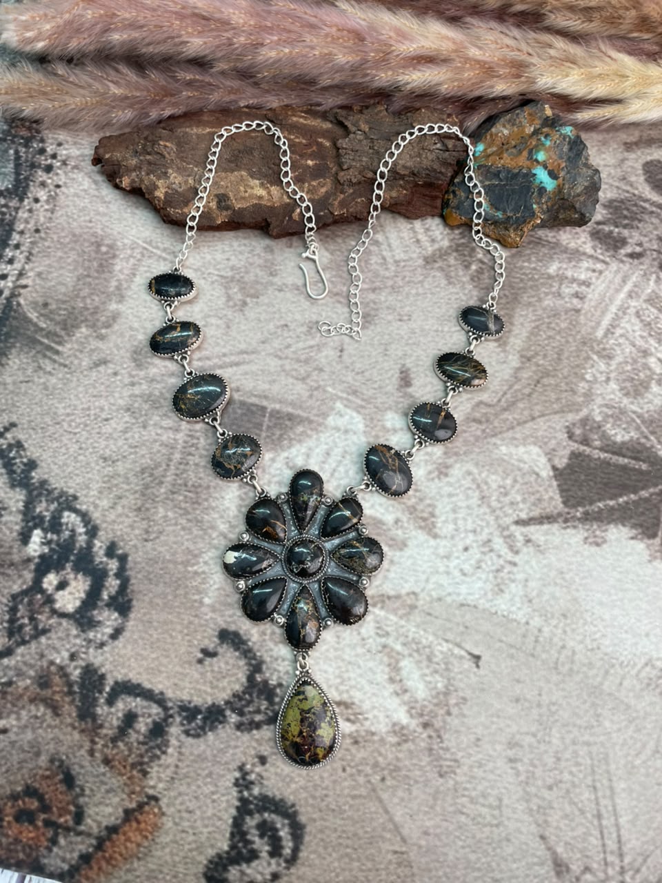 Handmade Sterling Silver Blackjack Turquoise Necklace Signed Nizhoni