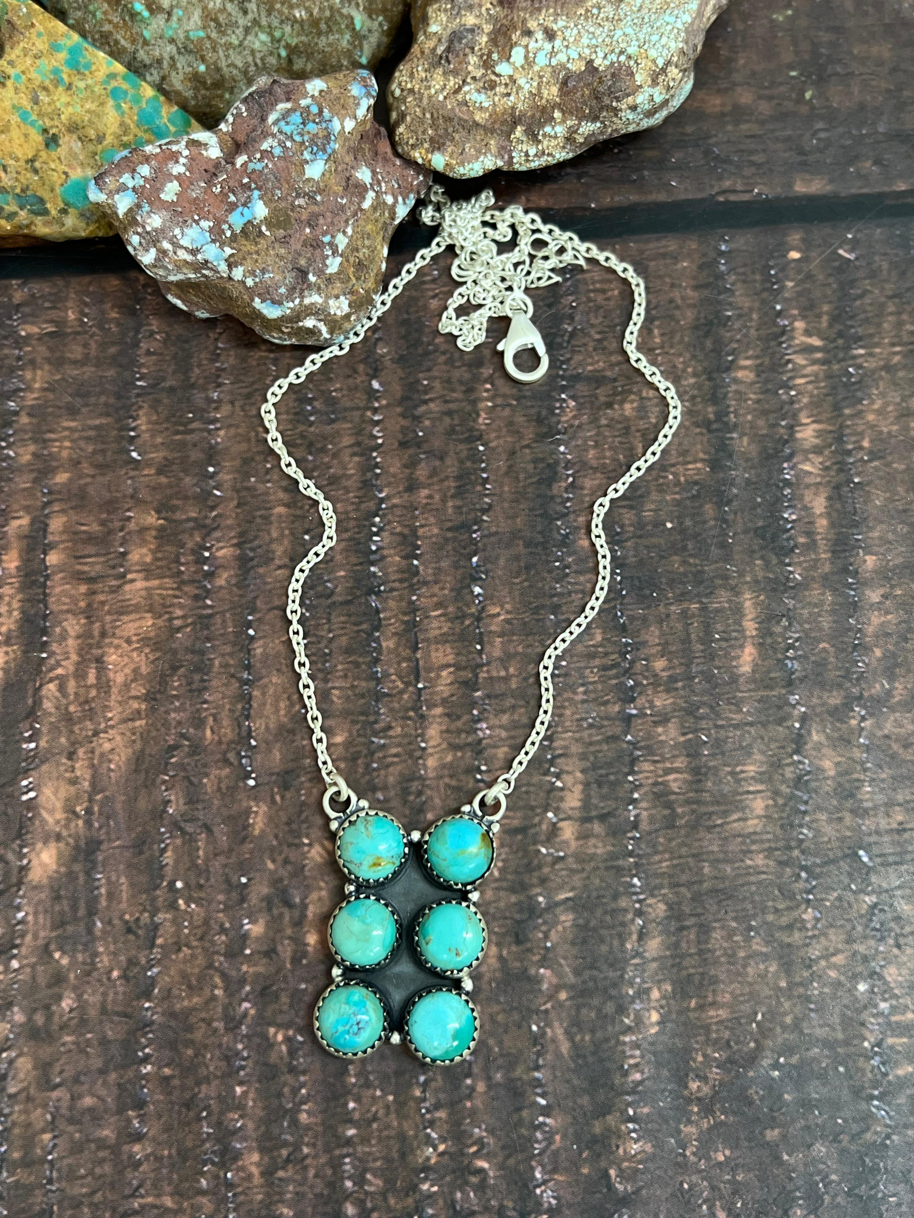 Handmade Sterling Silver Kingman Turquoise Necklace with Signed Nizhoni