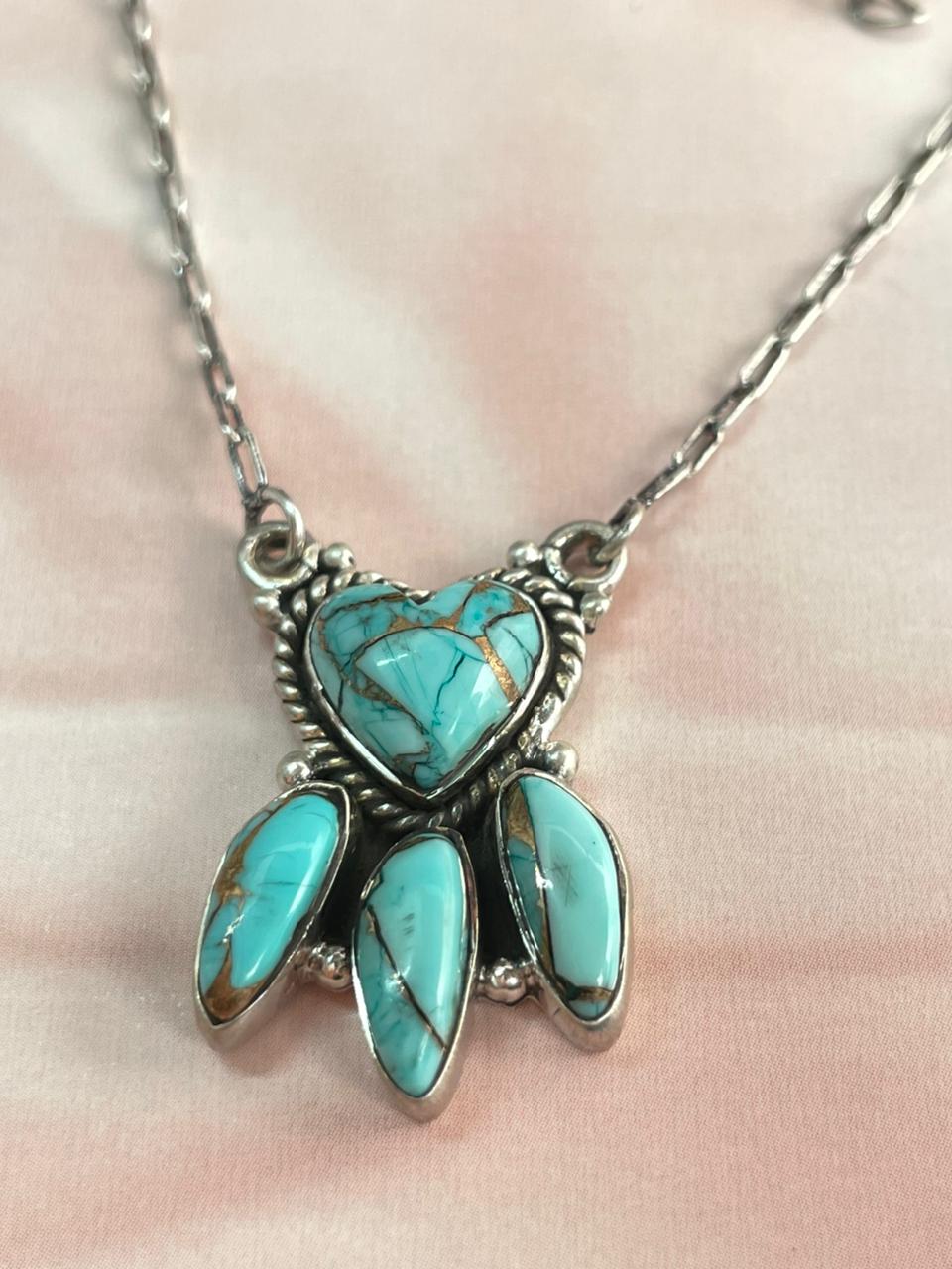 Handmade Sterling Silver Mint Dahlia Collection: Heart Necklace "Signed Nizhoni"