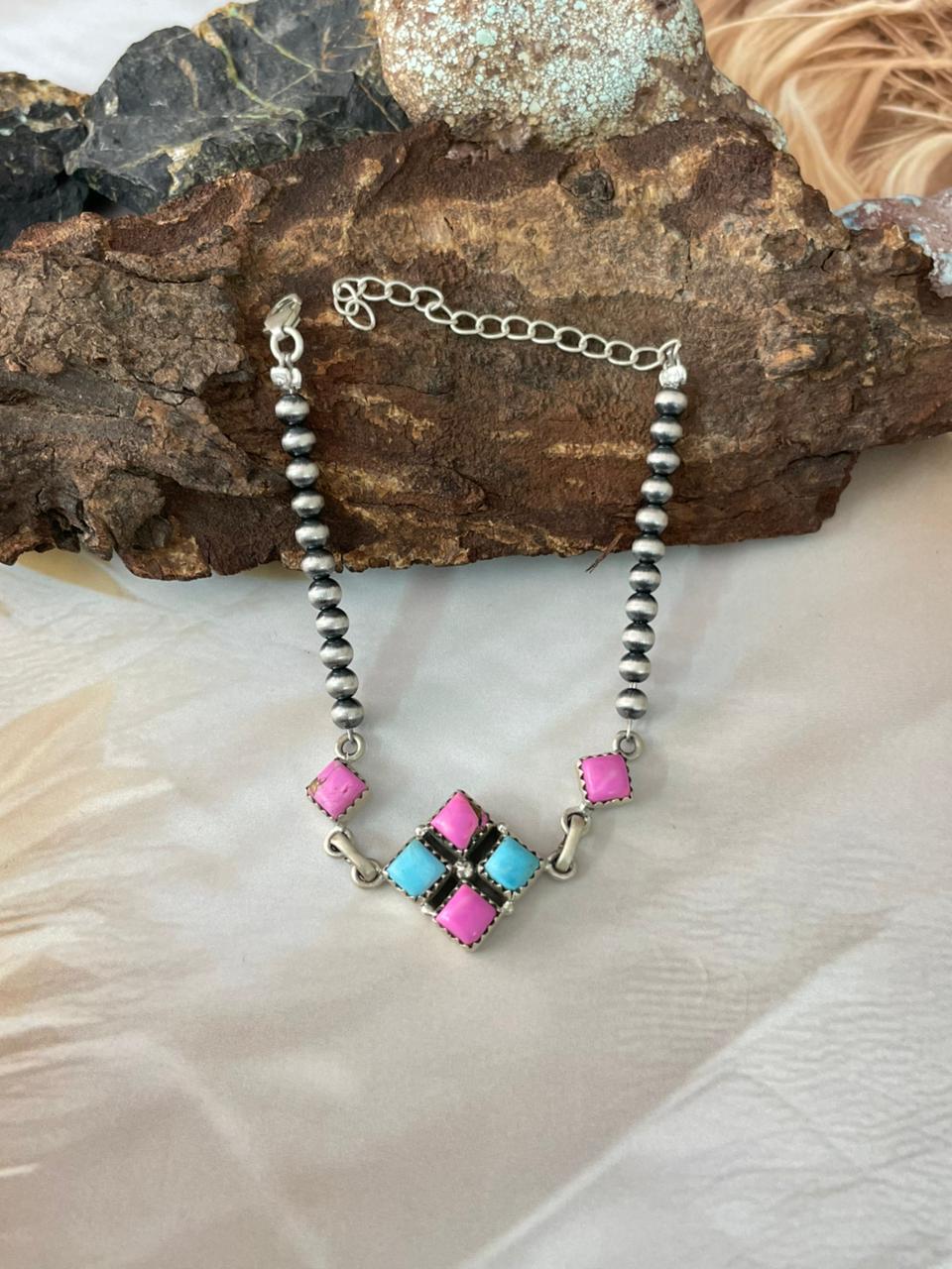 Handmade Sterling Silver Cotton Candy Beaded Bracelet "Signed Nizhoni"