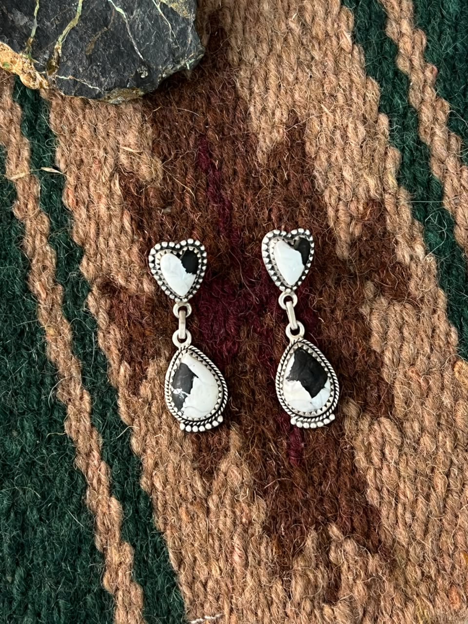 Handmade Sterling Silver White Buffalo Post Dangle Earrings Signed Nizhoni